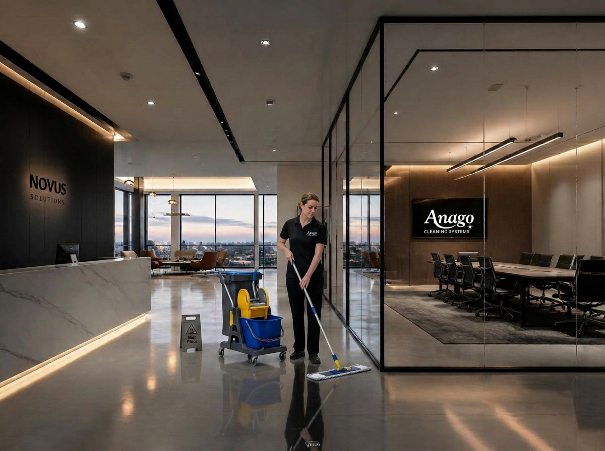 Spotless modern commercial office interior at dusk